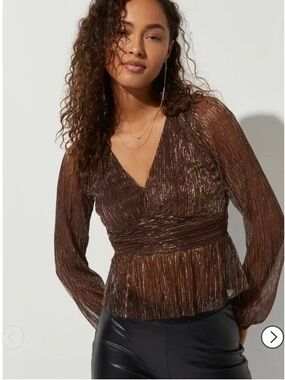 Francesca's Metallic Brown Pleated V-Neck Peplum Blouse